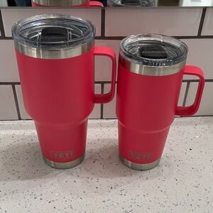 YETI Bright Pink Travel Tumbler with straw and Mug Duo